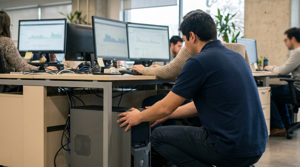 Técnico de soporte atendiendo el equipo de un usuario en la oficina del cliente
